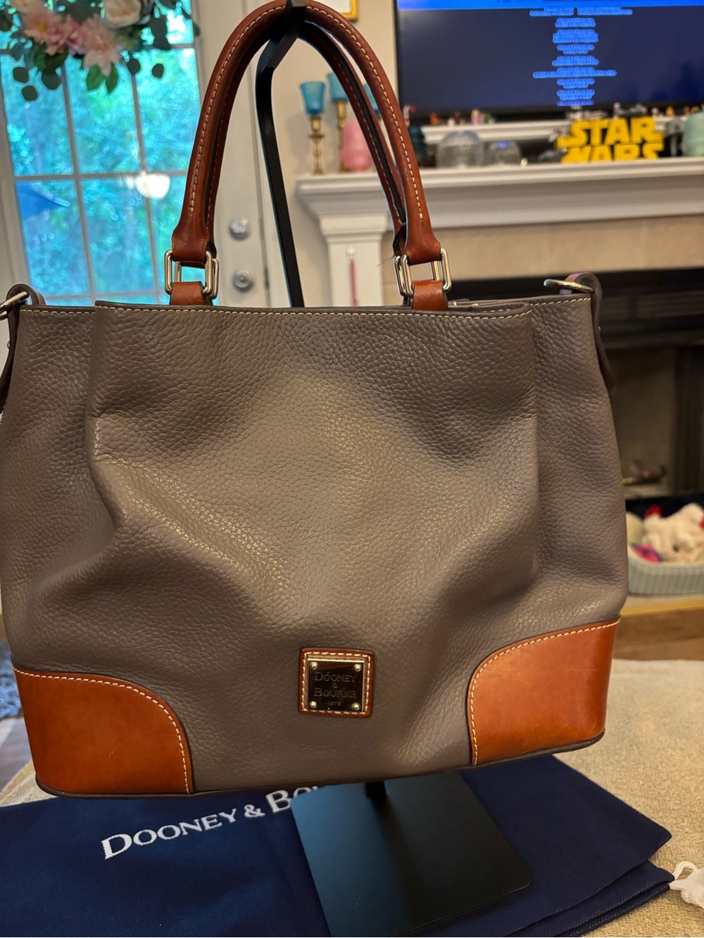 Dooney & Bourke Gray Leather Tote with Brown Trim - Picture 9 of 9